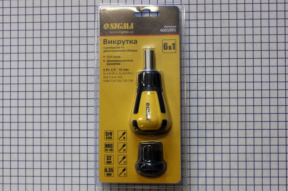 Викрутка з реверсом і двосторонніми битами 6в1 CrV Sigma (4001901)