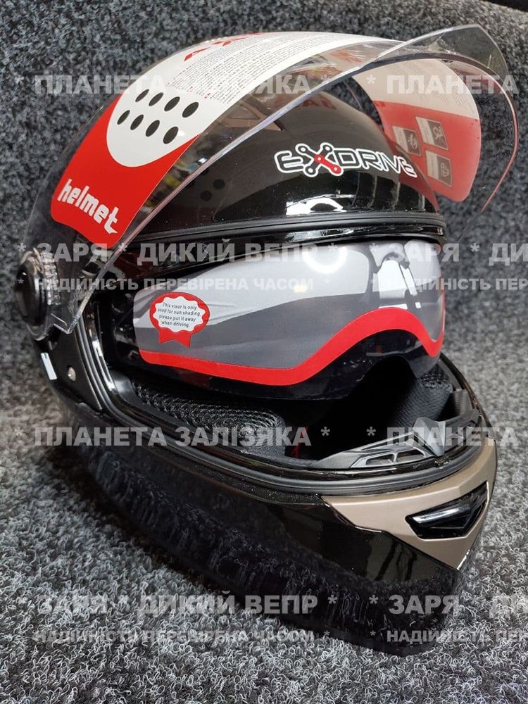 Мотошлем интеграл EXDRIVE + очки черный глянец размер М